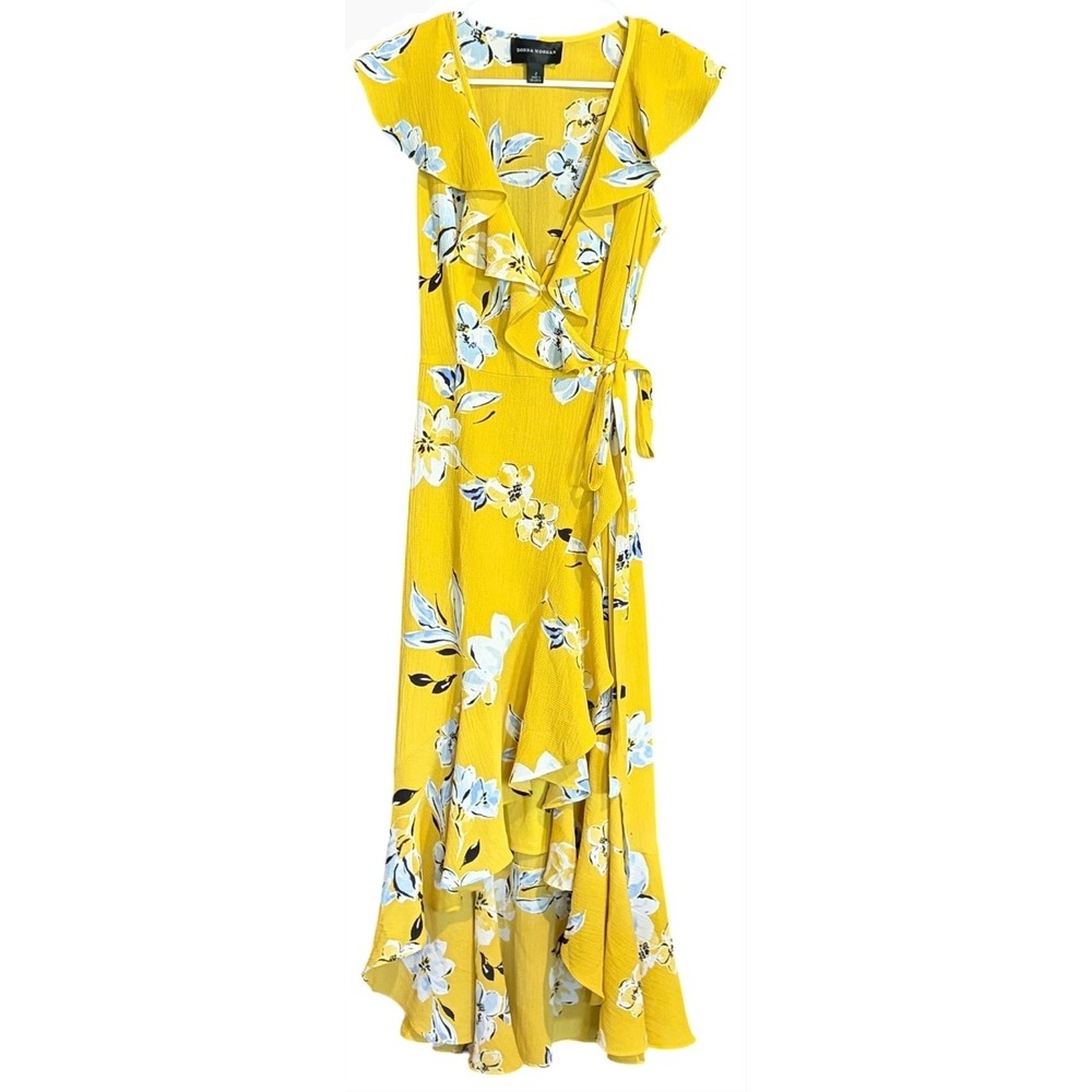 Donna Morgan Yellow Floral High Low Wrap Dress Size 2 Ruffle Midi